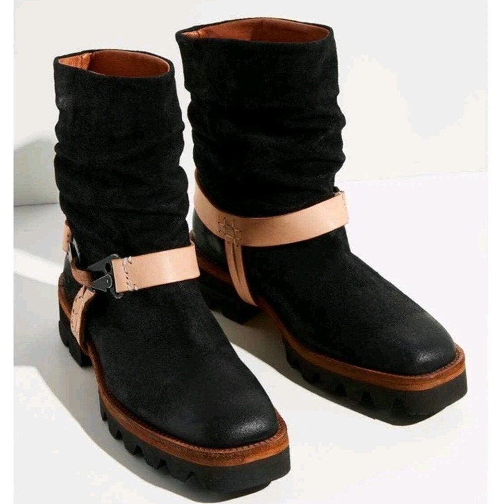 We The Free Reya Harness Boot Free People Black Leather Slouch Moto Boots‎ 38.5 - Picture 2 of 6